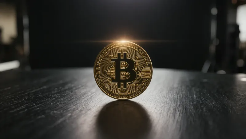 Ilustración de una moneda dorada con el símbolo de bitcoin ante una cuadrícula azul de datos y filas de cifras