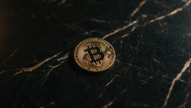 Ilustración de una línea de precio muy dentada con una moneda dorada de bitcoin en primer plano