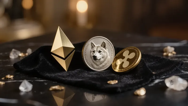 Ilustración con varias criptomonedas, delante una moneda de Ethereum, sobre un fondo oscuro