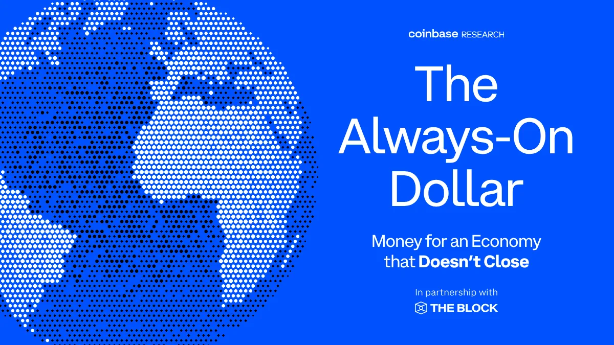 Gráfico de Coinbase sobre el estudio The Always-On Dollar, Money for an Economy that Doesn’t Close, mapa del mundo punteado sobre azul